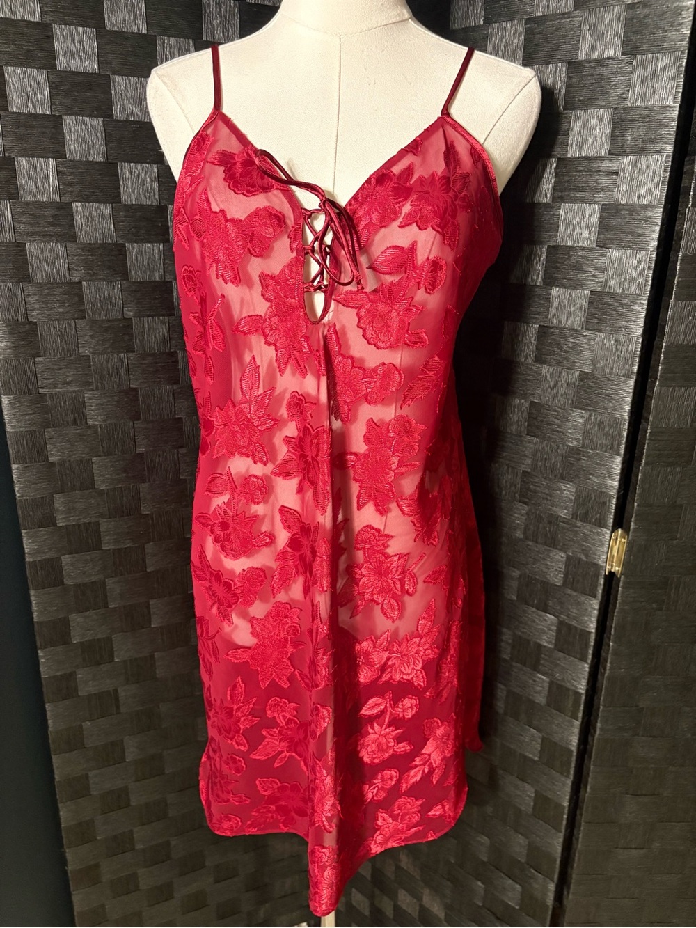 Vintage Secret Treasures Red Floral Mesh Chemise Slip Dress Y2K Fairycore